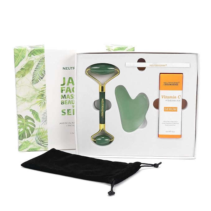 NEUTRIHERBS Jade Gua Sha & Face Roller & Vitamin C Serum Facial Tool Set - Image 3