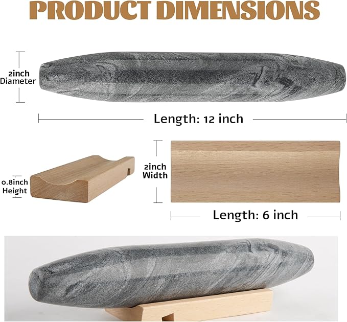 Koville African Natural Grey Marble French Rolling Pin, 12inch Non-Stick - Image 2