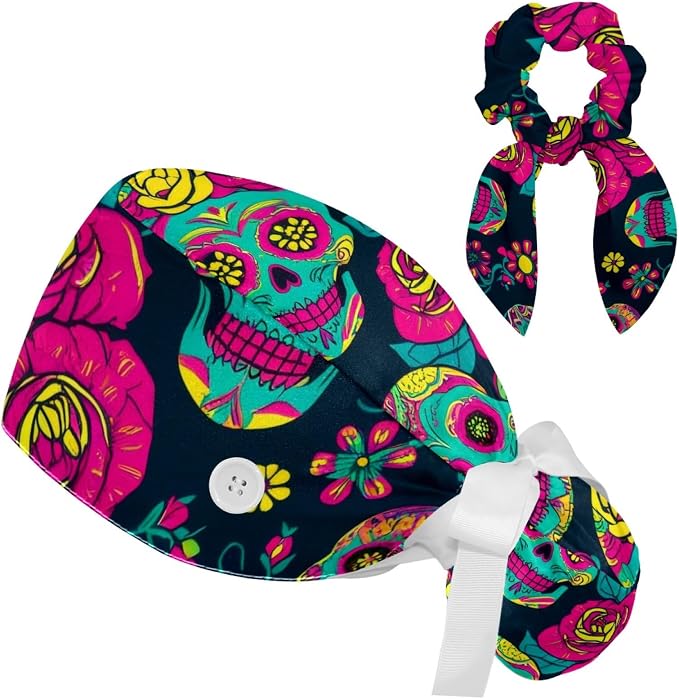 Scrub Cap with Hair Scrunchy, Ponytail Holder Surgical Cap by FVQL