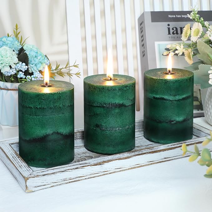 Fir Pine Scented Pillar Candles 3x4 Inch Dark Green 3-Layered Handcraft Holiday - Image 8