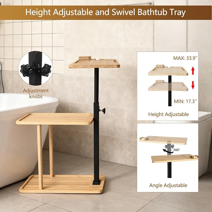 3 Layer Bathtub Tray Table, Bamboo Swivel Bathtub Side Table Height Adjustable - Image 3