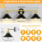 Licperron 3-Light Black and Gold Bathroom Lighting Fixtures, Farmhouse Vanity - Image 2