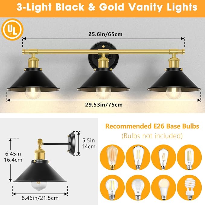 Licperron 3-Light Black and Gold Bathroom Lighting Fixtures, Farmhouse Vanity - Image 2