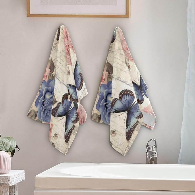 Vintage Pink Blue Rose Floral Butterfly Hand Towels - Image 3