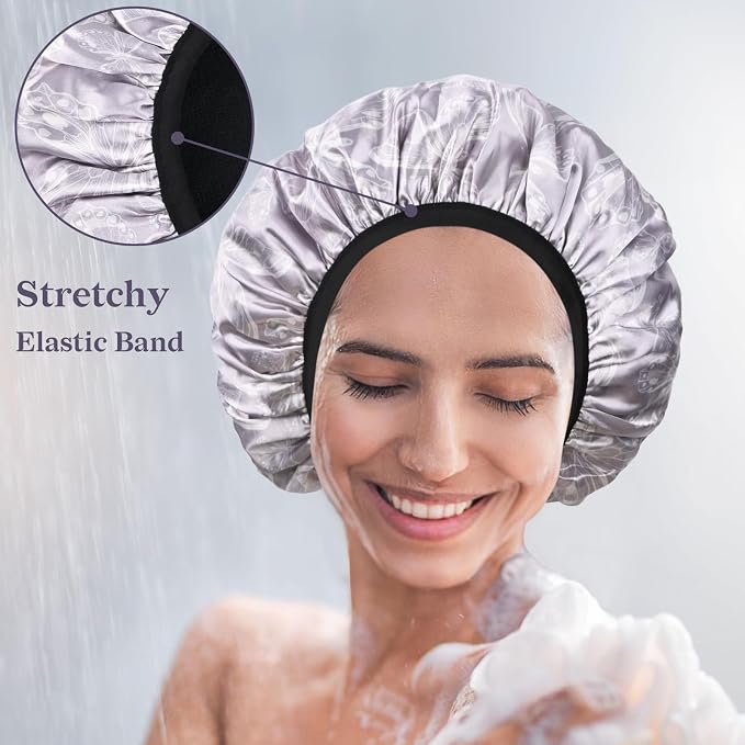 White Butterfly Print Satin Shower Cap, Three-Layer Terry Cloth Lined, - Image 6