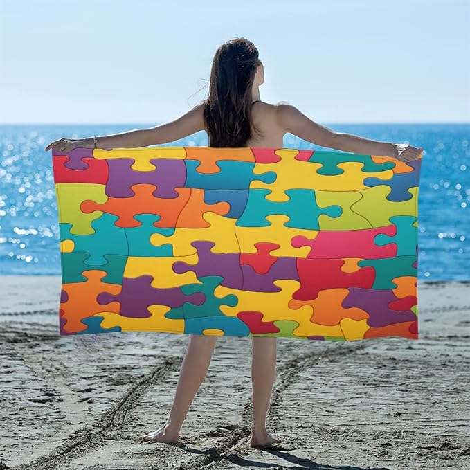 Colorful Jigsaw Puzzles Pattern Beach Towel Oversized Quick Dry Beach Blanket by YPPAHHHH