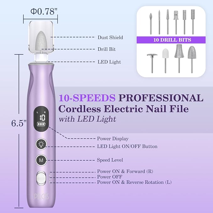 PELCAS Electric Nail Drills, 10 Speeds Cordless Nail File - Image 5