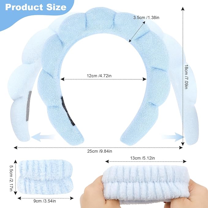 6Pcs Blue Spa Set, Skincare Wrist Washbands, Terry Cloth Headbands - Image 2