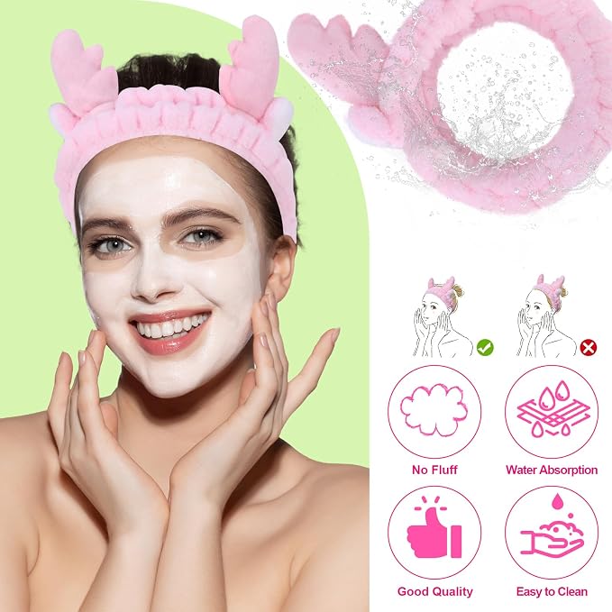 Jowmoy Cute Pink antlers Headband Frog Eye Elastic to Wash Face - Image 4