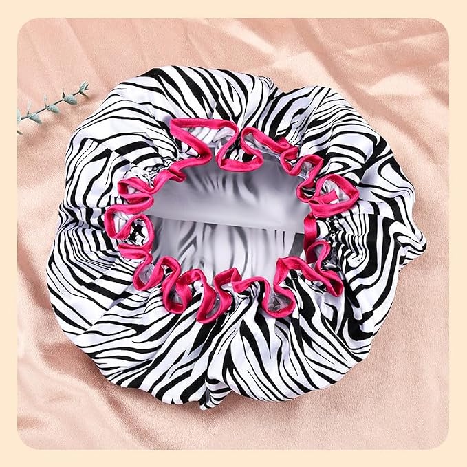 Vintage Zebra Print Shower Cap for Women Reusable Waterproof Large Adjustable - Image 7