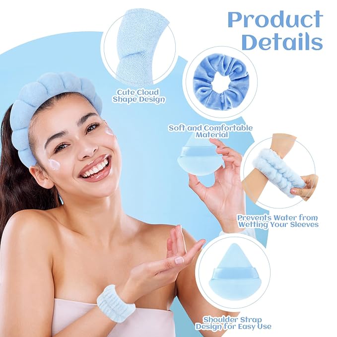 7Pcs Spa Set - Puffy Headband, Wristbands, Powder Puffs, Makeup Removal Terry - Image 5