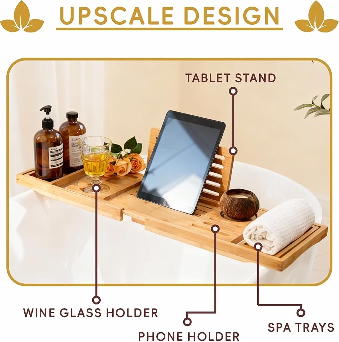 Premium Foldable Bamboo Bathtub Tray Caddy, Expandable Bath Caddy Tray - Image 3