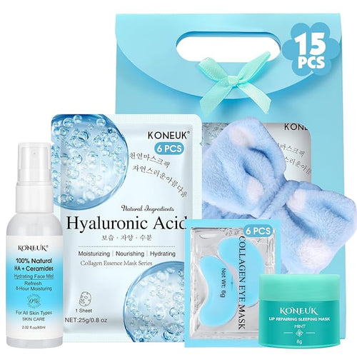 15 PACK Skincare Set with Facial Masks, Under Eye Patches, Face Mist, Lip Mask by KONEUK