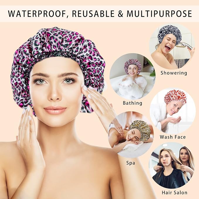 4 PCS Shower Caps for Women, Elastic and Reusable Bath Caps, Double Waterproof - Image 2