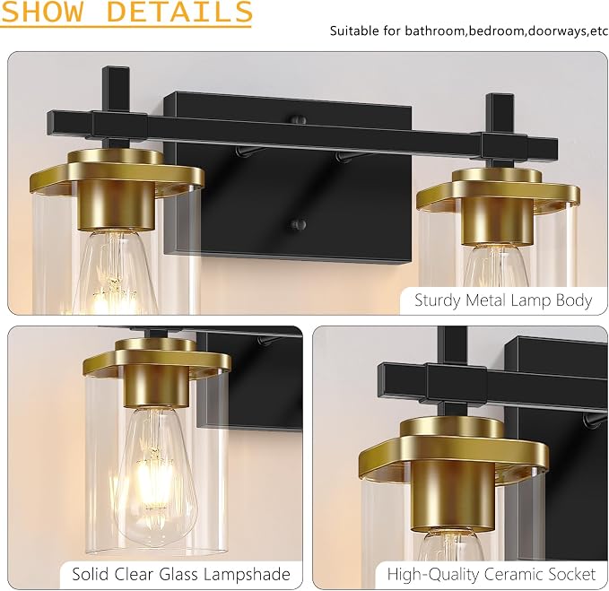 2-Lights Black and Gold Bathroom Light Over Mirror - Image 5