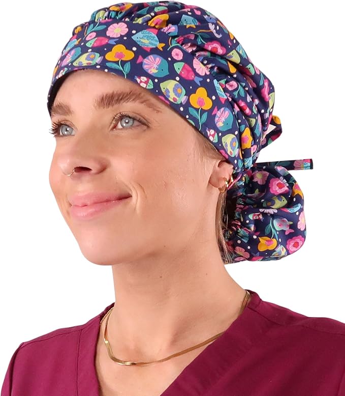 Sparkling EARTH Banded Bouffant Surgical Scrub Ponytail Working Caps and - Image 2