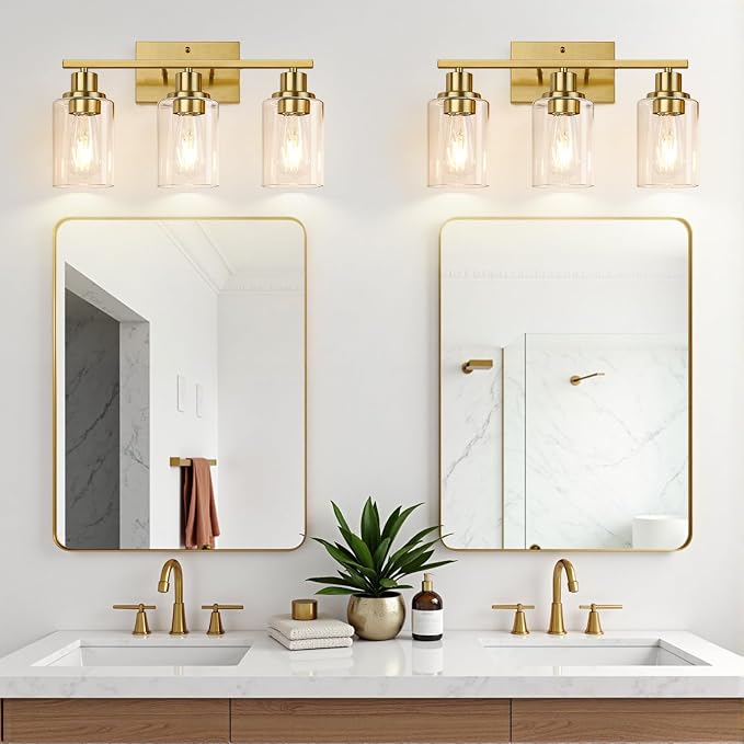 3-Light Vanity Lights with Clear Glass Shades, Brushed Gold Bathroom Light - Image 7
