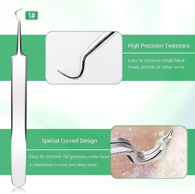 5PCS Blackhead Remover Comedone Extractor, Curved Blackhead Tweezers Kit - Image 3