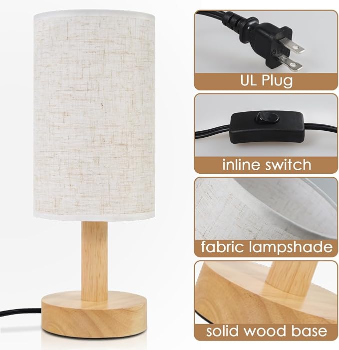 Small Bedside Table Lamp for Bedroom, Natural Round Wood Base&Fabric Linen Shade - Image 6