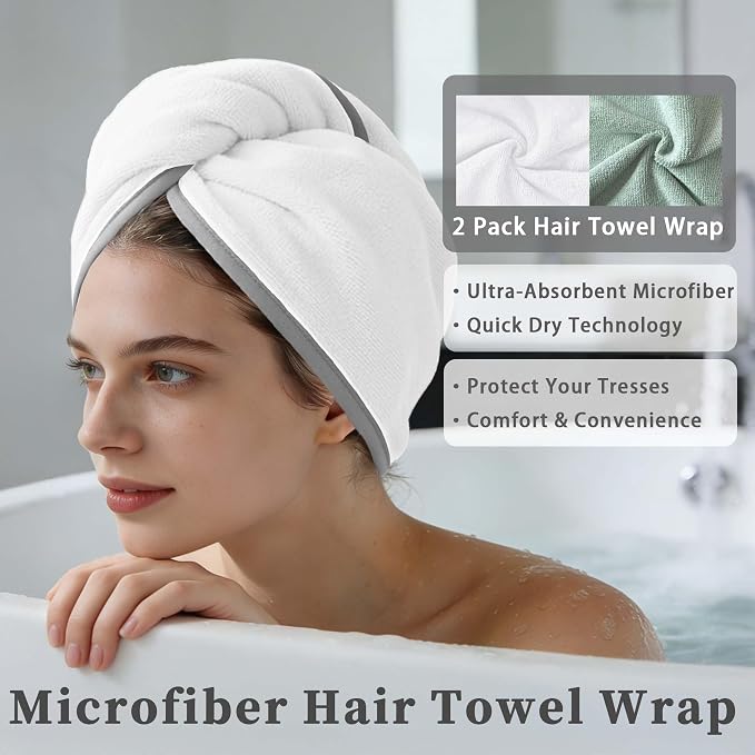 VOOVA & MOVAS Light Gray & White Microfiber Hair Towel Wrap - Image 3