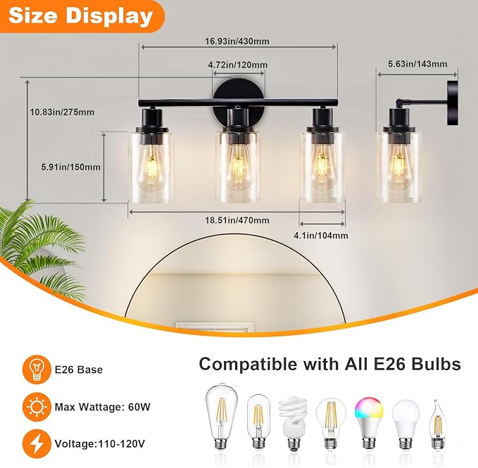 DLLT 3-Light Bathroom Light Fixtures: 18.51" Black Modern Vanity Lights - Image 5