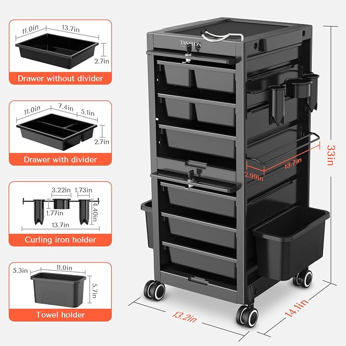 TASALON Professional Rolling Salon Cart, 6-Drawer Storage Trolley - Image 4