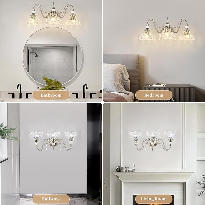Brushed Nickel Bathroom Vanity Light, 3-Light Nickel Finish Wall Sconce - Image 5