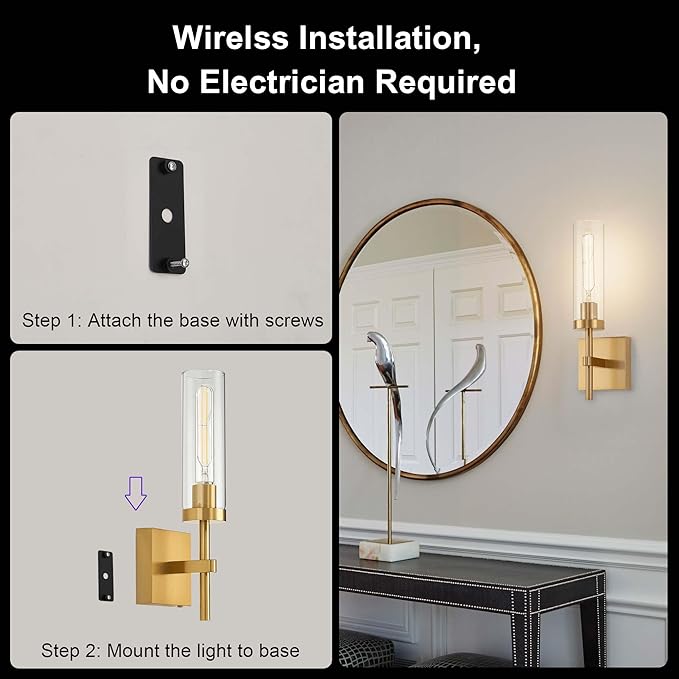 Gold Battery Operated Wall Sconce Set of 2, Wireless Wall Sconces - Image 5