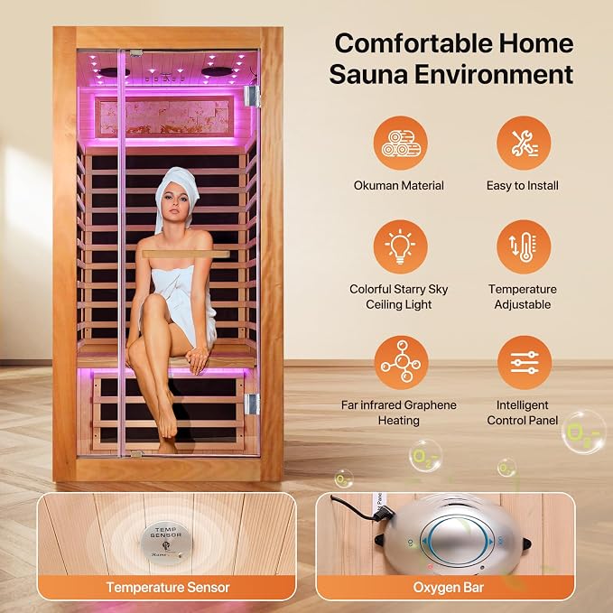 OUTEXER Sauna One Person Far Infrared Saunas Room African Mahogany Wood 1350W - Image 5