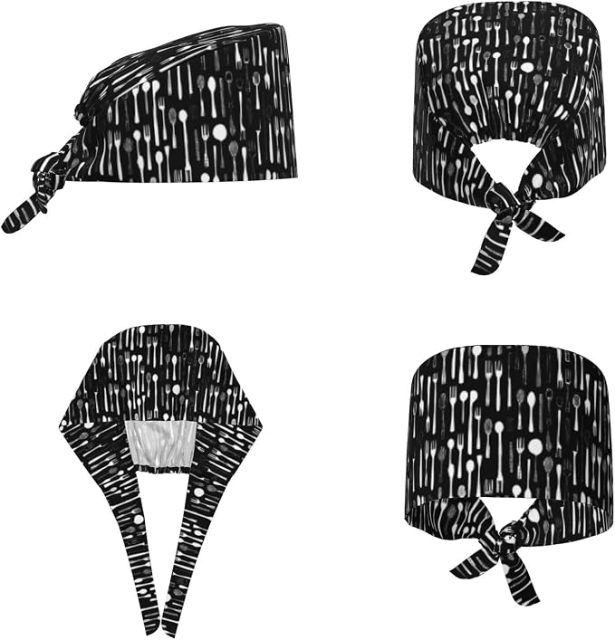 Scrub Cap for Women and Men Boho Black Leaf Pattern Adjustable Breathable - Image 2