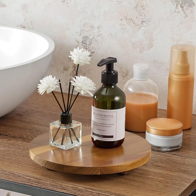Small Round Decorative Tray Acacia Wood Bathroom Counter Organizer Pedestal - Image 7