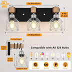 FadimiKoo 3-Light Wood Bathroom Light Fixtures Over Mirror, Rustic Black Silver - Image 2