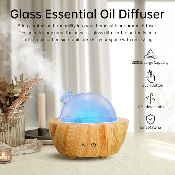 Glass Essential Oil Diffuser Wood Grain Base, 280ml Aromatherapy Diffusers Cool - Image 3