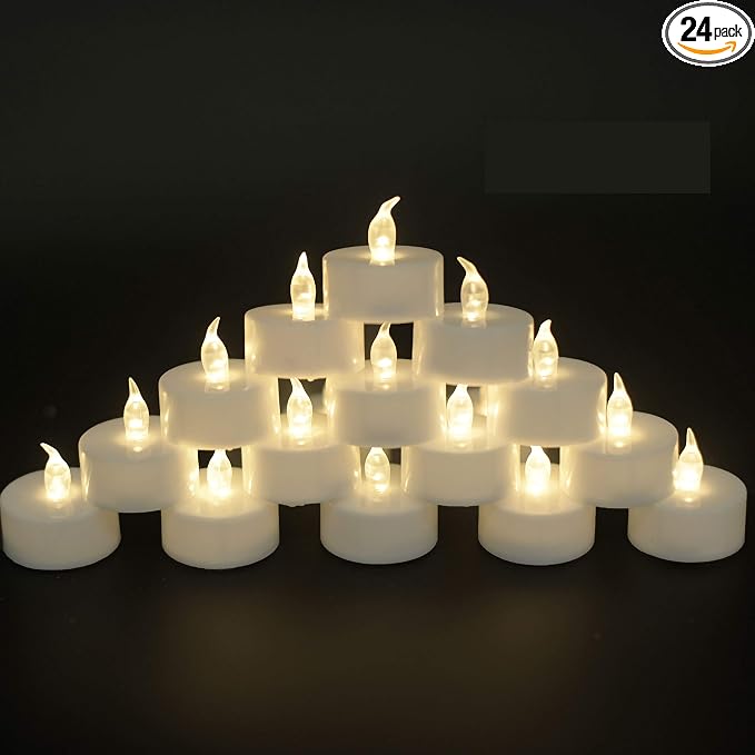 JUNPEI Pack of 24 Flameless Tea Light Candles Realistic Flickering:Battery Long by JUNPEILEDTEACANDLES