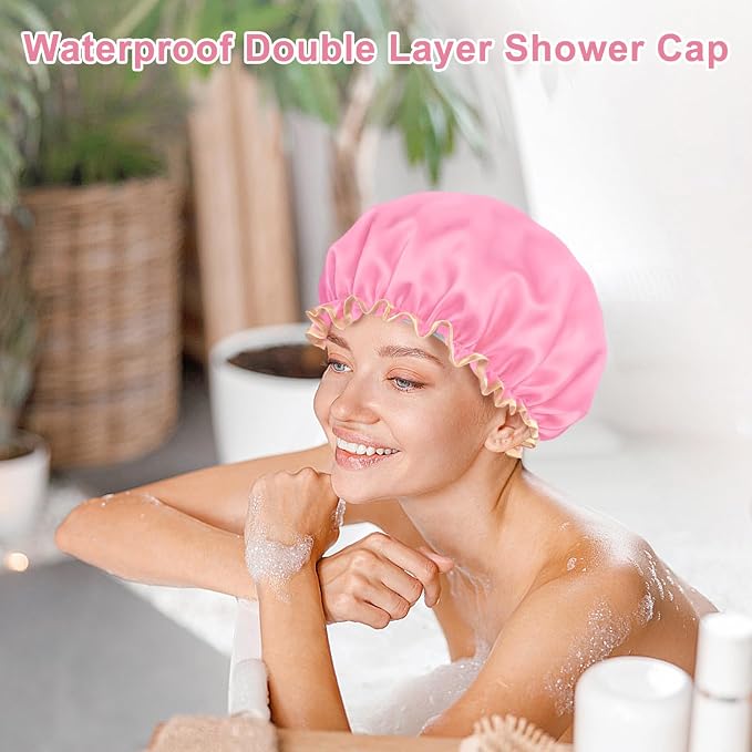 Waterproof Shower Caps for Women, Solid Color Dual-Layer Elastic Band Design - Image 6