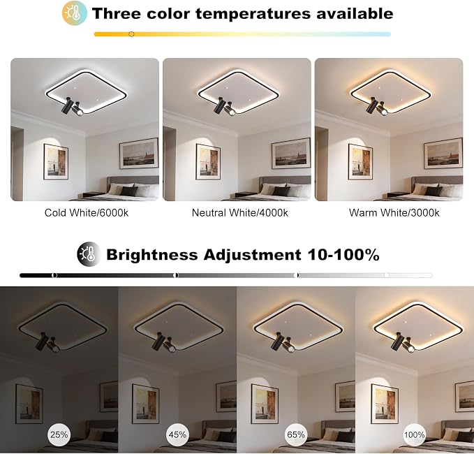 Shine LUEST Modern Square LED Flush Mount Ceiling Light Fixture, 2 Adjustable - Image 7
