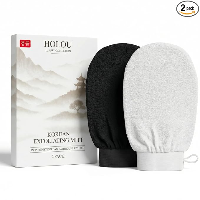 Korean Exfoliating Mitt & Exfoliating Glove 2 Pack – Dual Density Body Scrub by HOLOU
