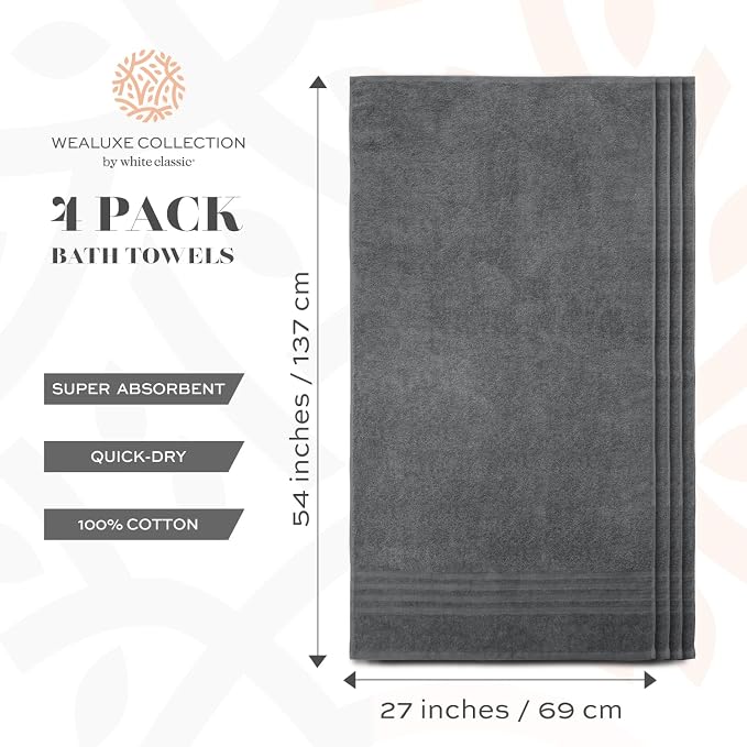 White Classic Wealuxe Grey Bath Towels Set of 4, Cotton Body Towel - Image 3