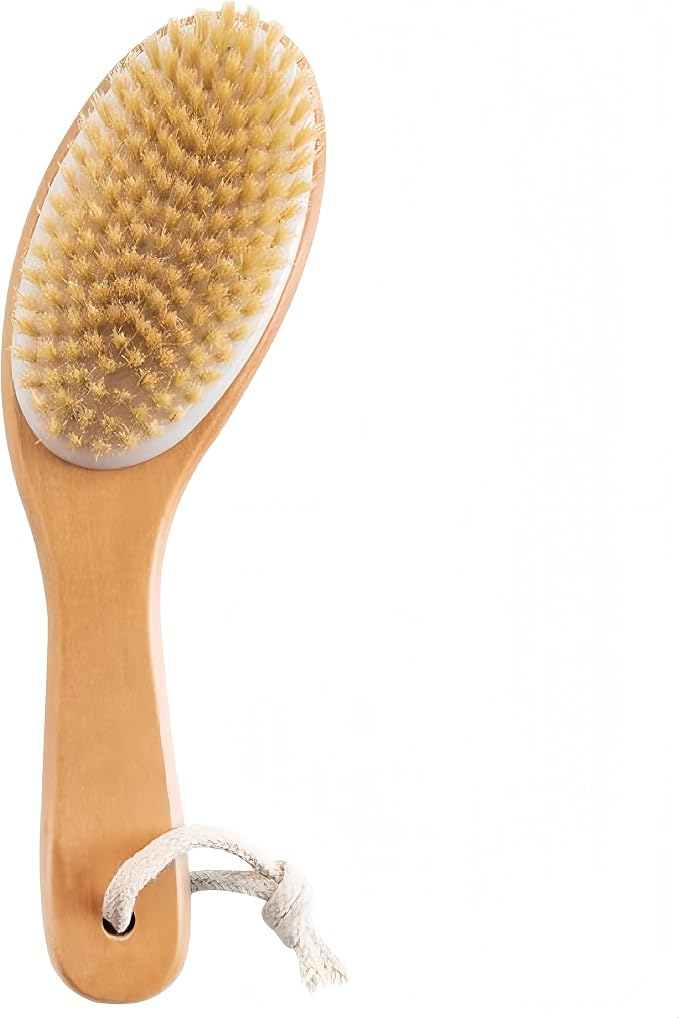 Dry Brushing Body Brush with Contoured Wooden Handle, Natural Bristle by LONGCO