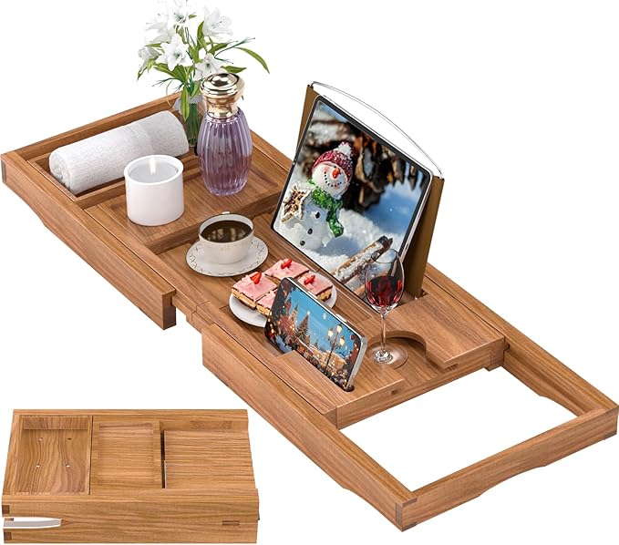 Teak Bathtub Caddy Tray for Tub, Foldable Luxury Bath Table Tray by Artmalle