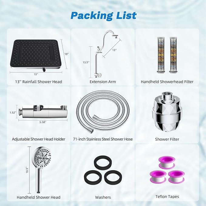 Hibbent 5-spray Dual Filtered Rainfall Shower Head Combo, High Pressure 13'' - Image 9