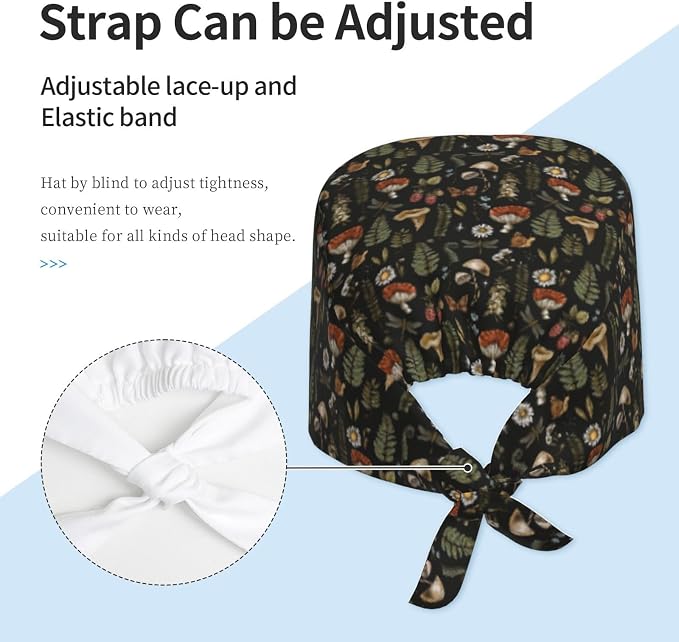 Scrub Cap for Women and Men Boho Black Leaf Pattern Adjustable Breathable - Image 4