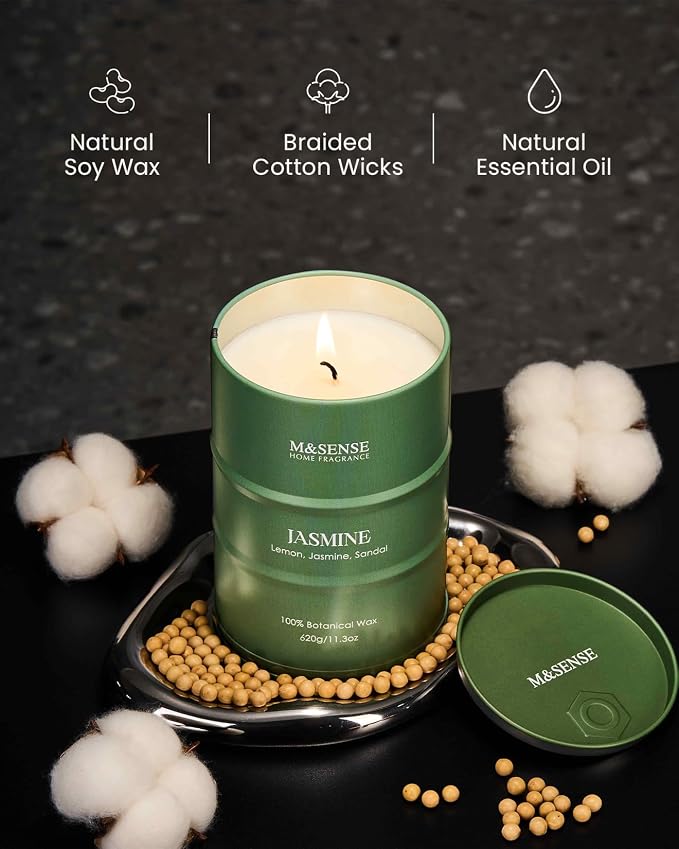 M&SENSE Jasmine Scented Candles Large, Natural Soy Candles 21.2oz 120 Hour Slow - Image 3