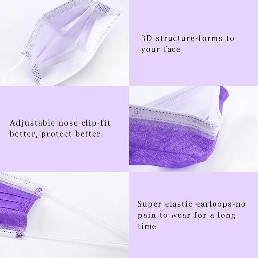 Borje Purple Disposable Face Mask 100 Pcs Purple Face Masks 3 Ply Protection - Image 3