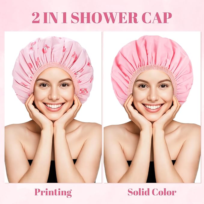 Large Double-Sided Shower Cap for Women, 2-in-1 Reusable Waterproof Cherry - Image 3