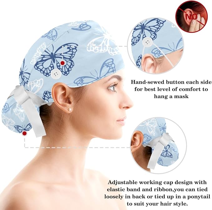 Women Working Cap with Buttons Bouffant Hat Autumn Leaves Nurse Scrub Caps Long - Image 3