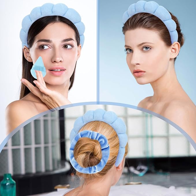 7Pcs Spa Set - Puffy Headband, Wristbands, Powder Puffs, Makeup Removal Terry - Image 4