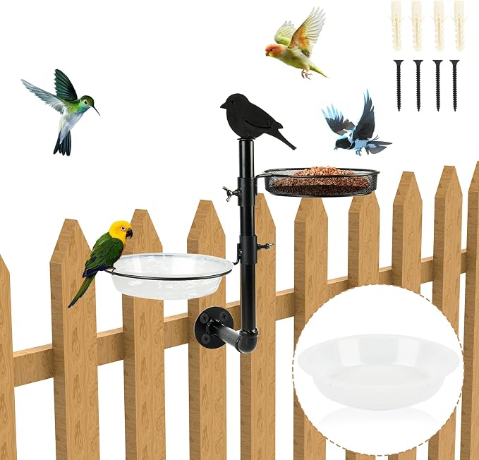 Wall-Mounted Bird Feeder with Metal Seed Tray and 2 Bath Bowls by DAEHUI