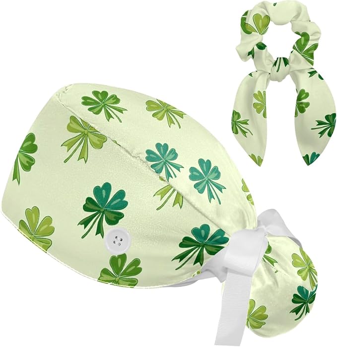 Scrub Caps Women Ponytail Cute Pink and White Leaves Caps Bouffant Working Hat by Unknown