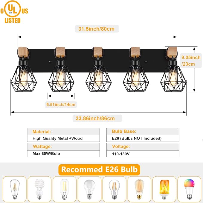 FadimiKoo 5-Light Farmhouse Wood Wall Sconces Lighting, Rustic Bathroom Wall - Image 2